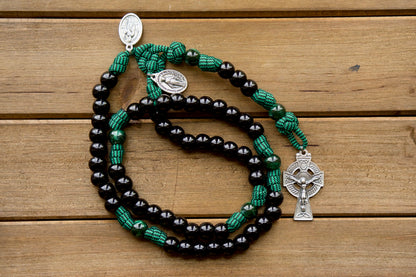 Blessed Trinity Irish Green & Black 5 Decade Paracord Rosary with St. Patrick & St. Bridget - Handcrafted Catholic Gift featuring an Irish Trinity Crucifix and Miraculous Medal