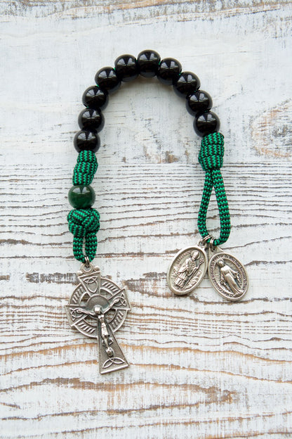 Irish Green and Black Blessed Trinity - St. Patrick & St. Bridget 1 Decade Paracord Rosary with Irish Trinity Crucifix and Miraculous Medal