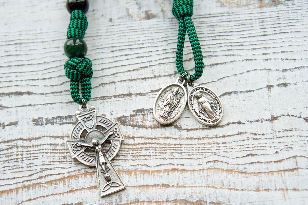 Blessed Trinity - Irish Green and Black Paracord Rosary with St. Patrick & St. Bridget, featuring an Irish Trinity Crucifix and Miraculous Medal.