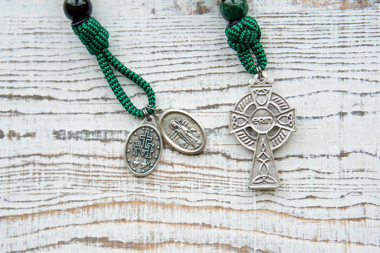 Blessed Trinity - St. Patrick & St. Bridget Irish Green and Black 1 Decade Paracord Rosary with Miraculous Medal and Trinity Crucifix