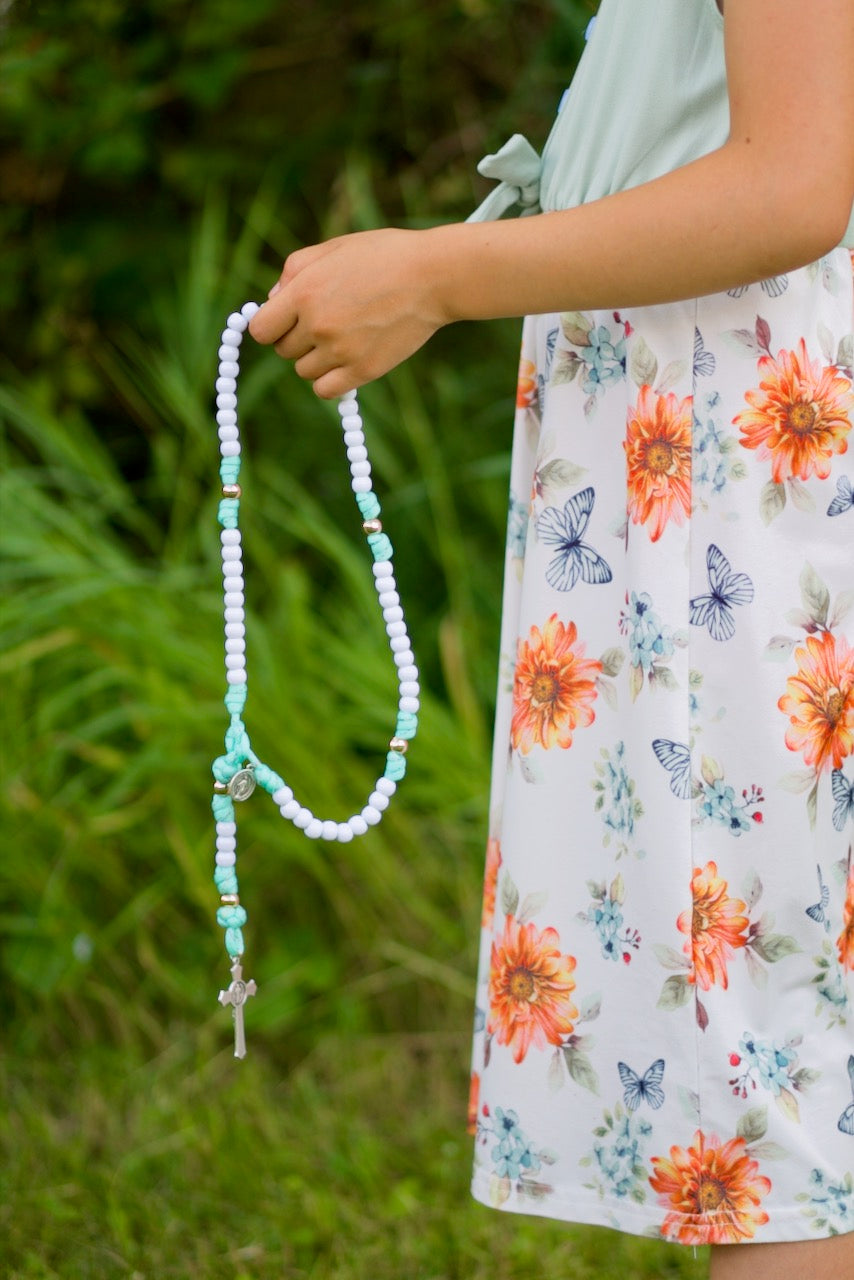 Children's Mint Green and White - 5 Decade Paracord Rosary