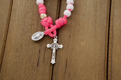 Kid's Pink and White Pocket Paracord Rosary with Durable Paracord 550, Smaller Beads, and Rose Gold Our Father Beads for First Communion or Easter Gifts, Made with Love by a Catholic Family.