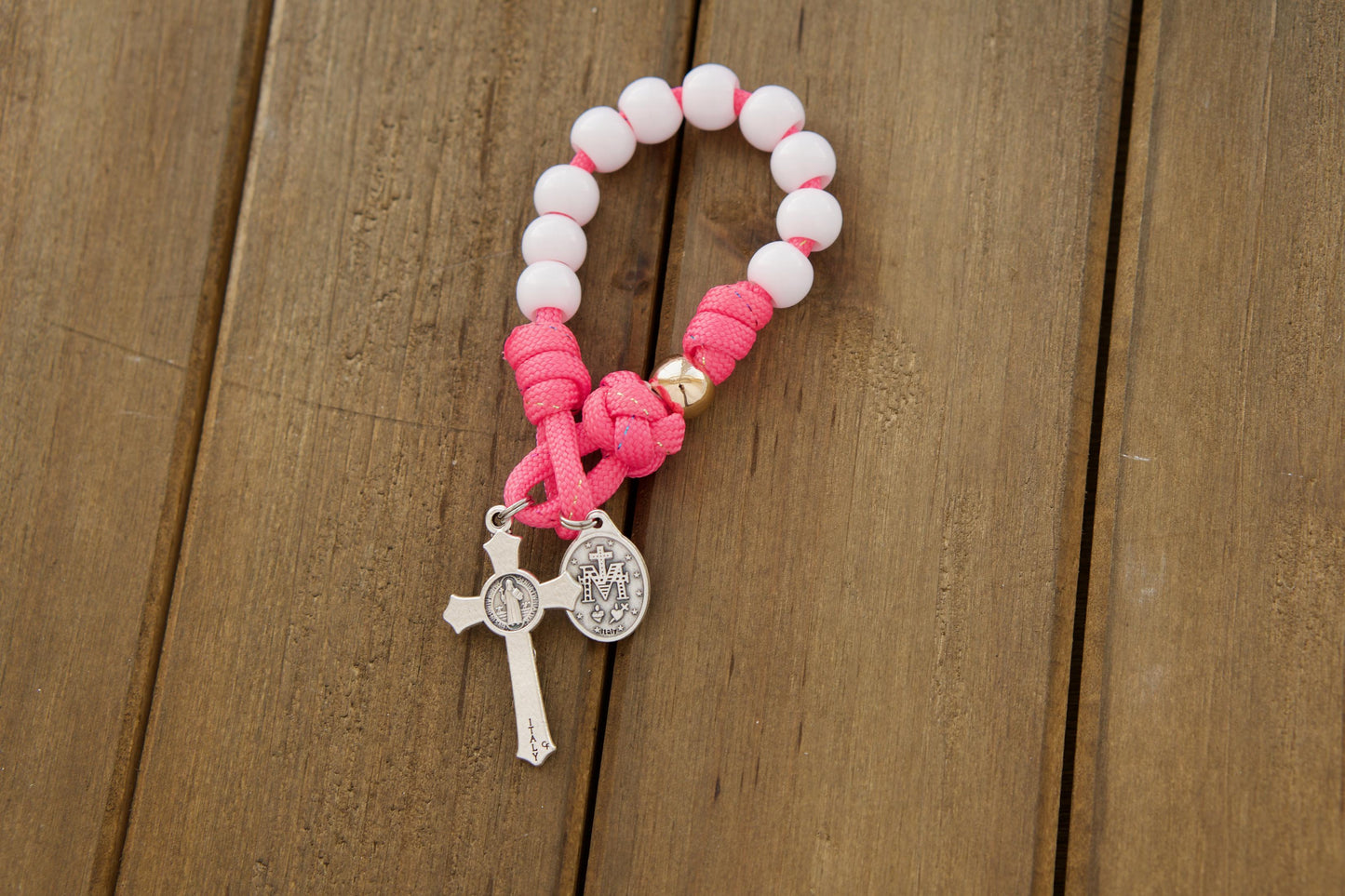 Kids' Pink and White Pocket Paracord Rosary with Rose Gold Our Father Beads, Perfect for First Communion or Easter Gifts