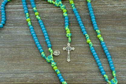 David's Slingshot - Kid's Paracord Rosary: Sky Blue and Lime Green Unbreakable Catholic Adventure Tool with St. Benedict Crucifix and Miraculous Medal, Perfect for Young Crusaders.