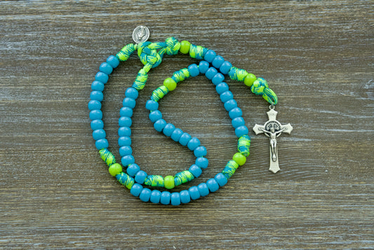 Kids' Paracord Rosary 'David's Slingshot': Unbreakable Sky Blue & Lime Green Beads, Premium Paracord, St. Benedict Crucifix & Miraculous Medal for Catholic Adventure.