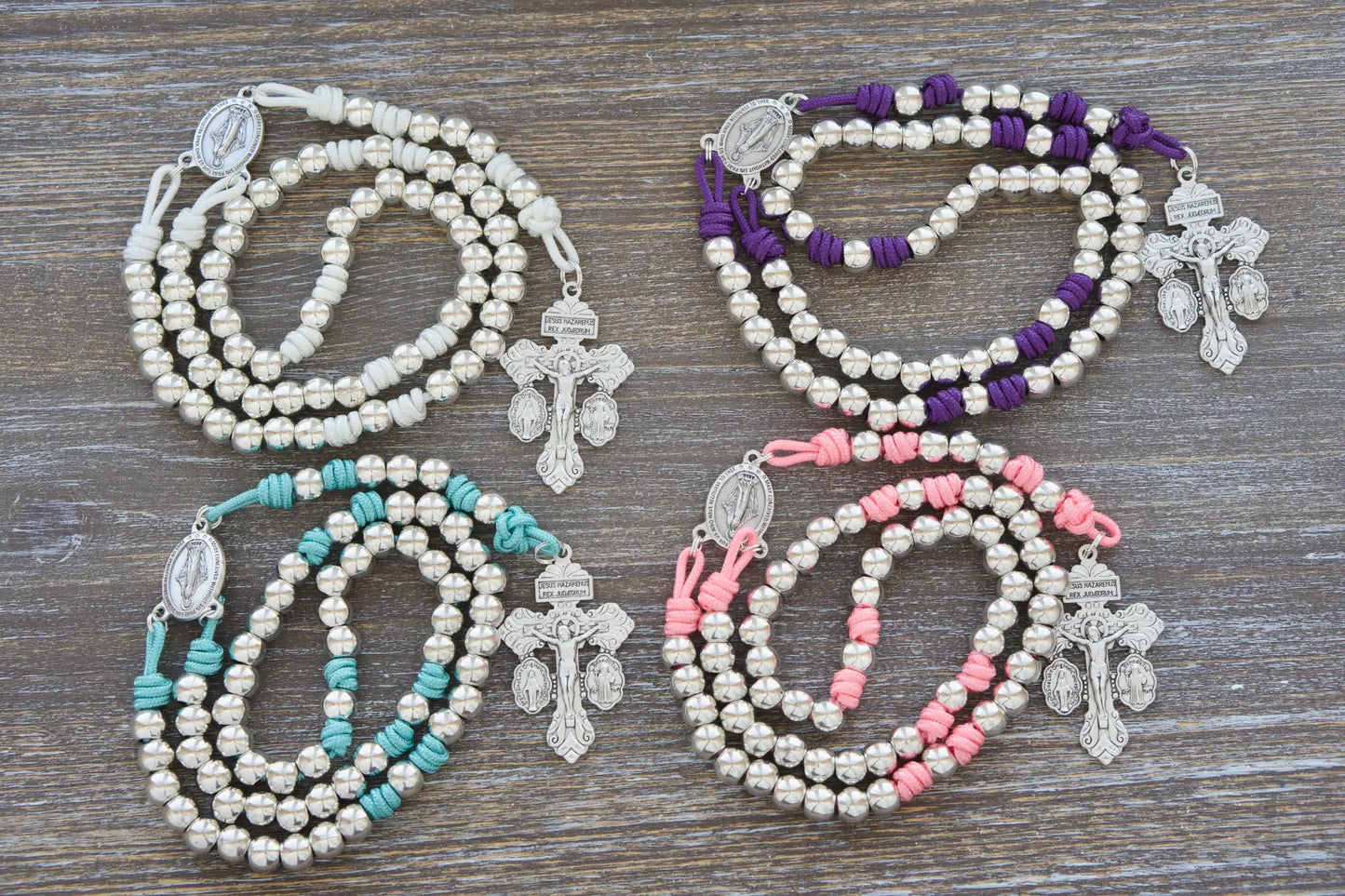 Divine Elegance premium metal paracord rosary with 4 beautiful rope color options: pink, white, teal or purple, handmade.