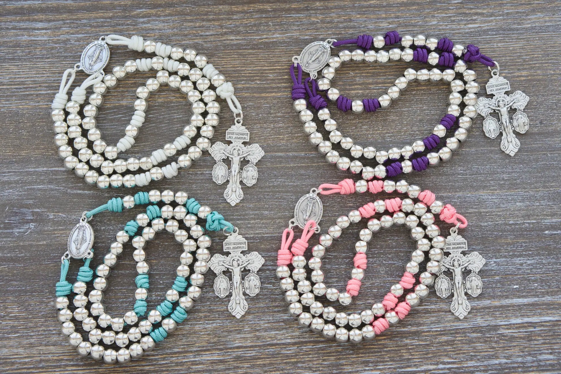 Divine Elegance premium metal paracord rosary with 4 beautiful rope color options: pink, white, teal or purple, handmade.