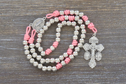 Divine Elegance premium metal paracord rosary in pink with shiny silver beads and paracord 275.