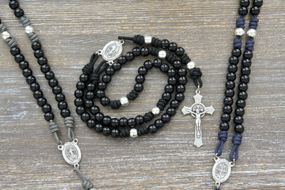Black metal beaded paracord rosary available in Iron Gray, Midnight Black and Navy Blue.