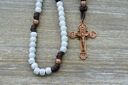 Embrace the Cross - 5 Decade Premium Unbreakable Paracord Rosary with Antique Copper Beads and Cracked Ivory Hail Mary Beads, featuring a 3-inch 12-Apostles Crucifix, Miraculous Medal devotional medal, and 12mm acrylic beads on dark brown paracord rope - perfect for adult Catholics seeking a durable spiritual weapon to save the world.