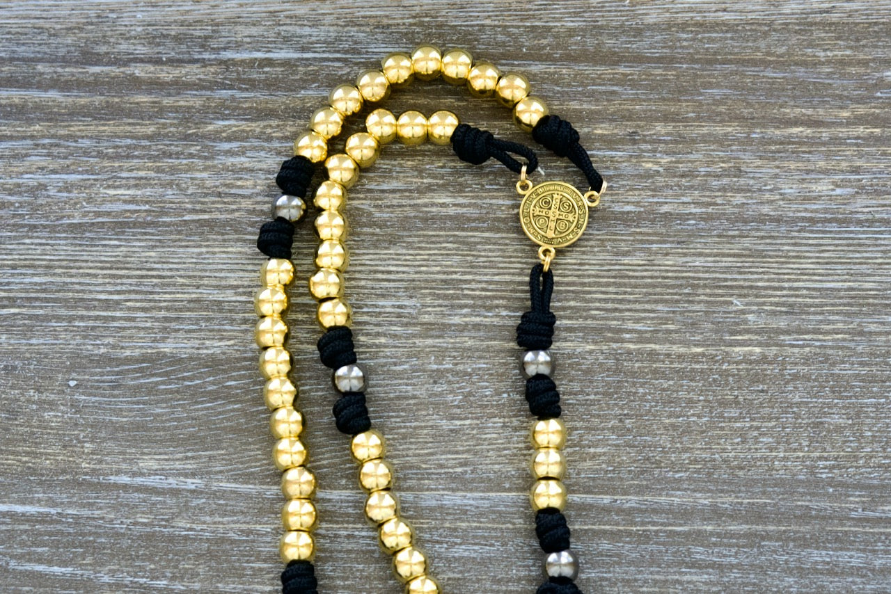 Faith and Valor Metal Premium Paracord Rosary - Gold, Gunmetal and Black with St. Benedict Center Medal and Triple Threat Pardon Crucifix