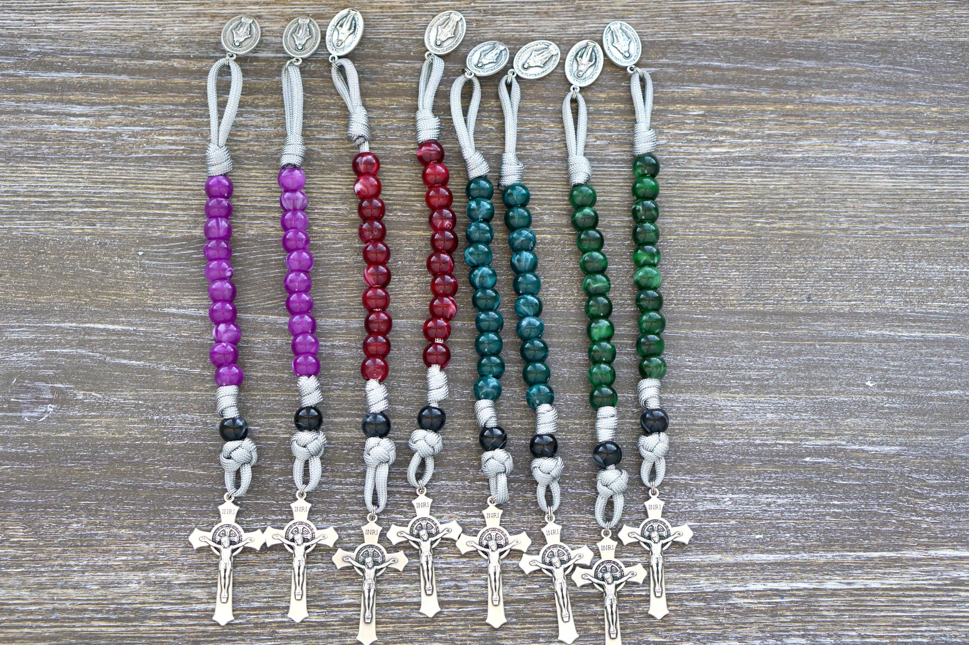 Gemstone Colored - 1 Decade Paracord Rosary, available in Garnet Red, Emerald Green, Ingolite Blue, and Magenta colors. A spiritual weapon for adults and children to conquer life's battles.