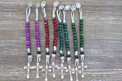 Gemstone Colored - 1 Decade Paracord Rosary, available in Garnet Red, Emerald Green, Ingolite Blue, and Magenta colors. A spiritual weapon for adults and children to conquer life's battles.