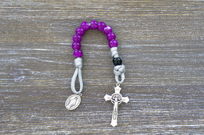 Gemstone Colored - 1 Decade Paracord Rosary in Garnet Red, Emerald Green, Ingolite Blue, or Magenta colors with paracord 550, 12mm acrylic beads, Miraculous Medal devotional medal, and 2 inch St. Benedict Crucifix.