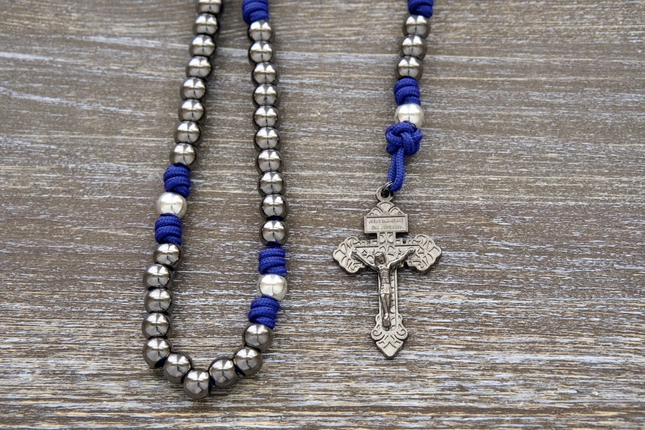 Guardian of Grace Royal Blue Paracord Rosary with Gunmetal and Silver Beads - Durable Catholic Gift for Enhancing Devotion to Your Guardian Angel