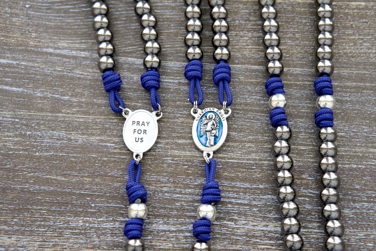 Guardian of Grace | Premium Royal Blue, Gunmetal & Silver Paracord Rosary with Blue Enamel Guardian Angel Centerpiece and Durable Metal Beads