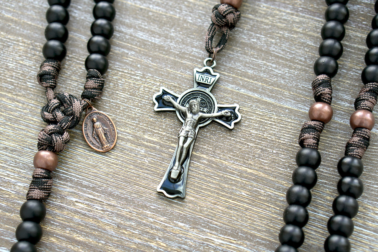 Heavy Duty Hail Mary - 5 Decade Paracord Rosary with Black Enamel St. Benedict Crucifix, Large Acrylic Beads, and Copper & Coffee Camo-Inspired Paracord.