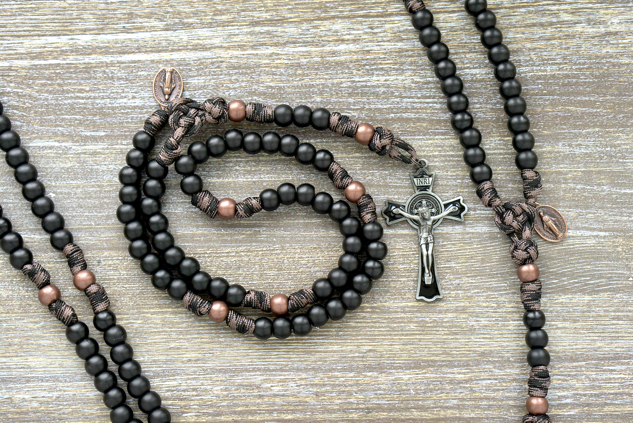 Catholic Paracord Rosary "Heavy Duty Hail Mary" - 5 Decade with Camo-Inspired Black, Copper and Coffee Paracord, Antique Copper Our Father Beads, Black Enamel St. Benedict Crucifix and Miraculous Medal