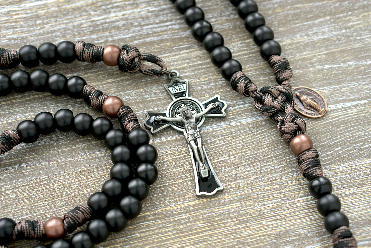 Heavy Duty Hail Mary - 5 Decade Paracord Rosary with Black Enamel St. Benedict Crucifix, Large 12mm Acrylic Beads, Antique Copper Our Father Beads, and Copper Miraculous Medal.