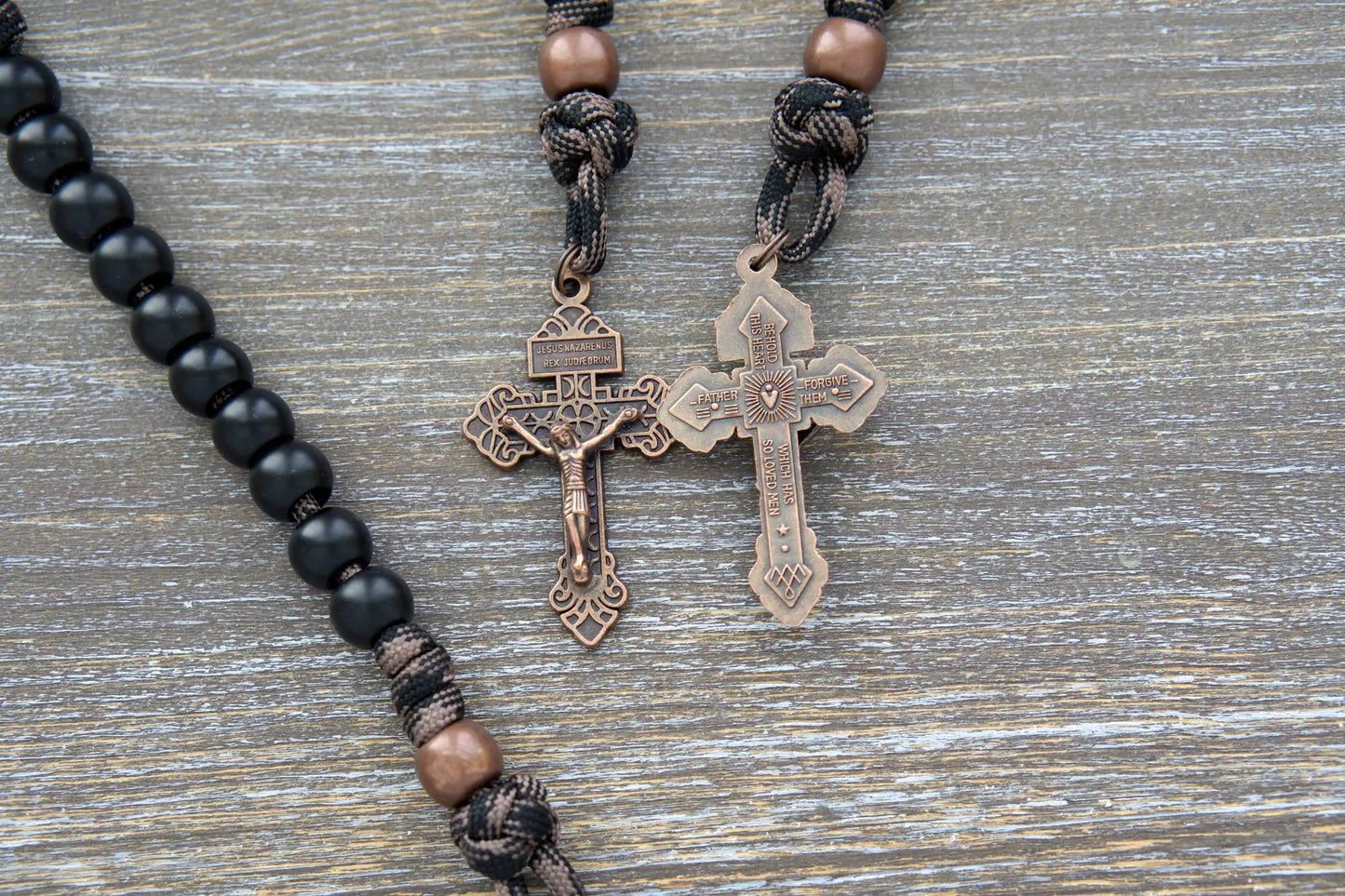 Heavy Duty Hail Mary Pocket Rosary: Matte black acrylic Hail Mary beads, antique copper Our Father bead, crucifix, and Miraculous medal on paracord cord.