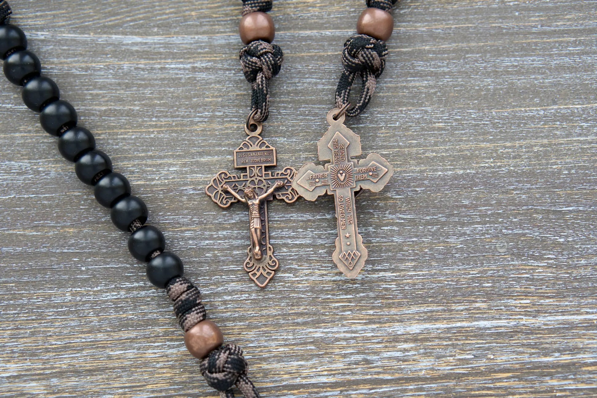 Heavy Duty Hail Mary Pocket Rosary: Matte black acrylic Hail Mary beads, antique copper Our Father bead, crucifix, and Miraculous medal on paracord cord.