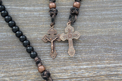 Heavy Duty Hail Mary Pocket Rosary: Matte black acrylic Hail Mary beads, antique copper Our Father bead, crucifix, and Miraculous medal on paracord cord.