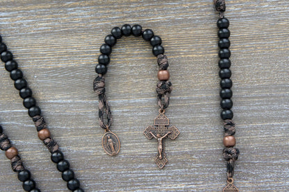 Heavy Duty Hail Mary Pocket Rosary: matte black acrylic Hail Mary beads, antique copper Our Father bead, crucifix, and Miraculous medal on paracord 550 cord.