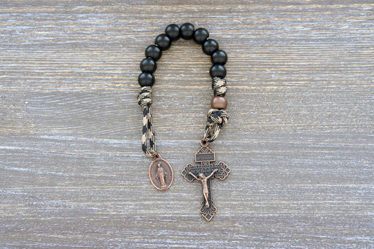 Heavy Duty Hail Mary Pocket Rosary: 12mm acrylic beads, antique copper Our Father bead, Pardon Crucifix, and Miraculous medal.