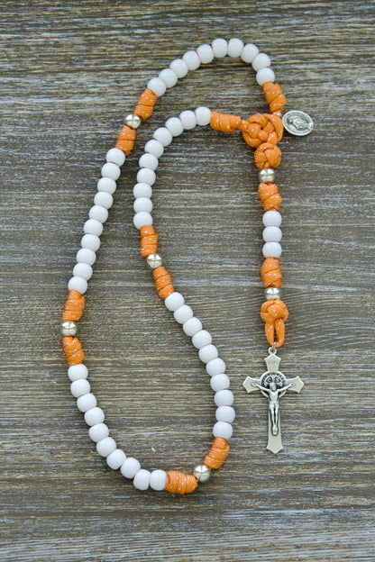 Holy Childhood Kid's Paracord Rosary - Durable, Unbreakable Paracord Rosary for Young Catholics with Silver and Orange Beads, St. Benedict Crucifix and Miraculous Medal