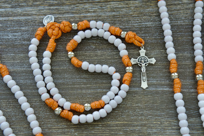 Holy Childhood Kids Paracord Rosary - Premium, Unbreakable Orange & Silver Rosary with White Hail Mary Beads, Silver Our Father Beads, Miraculous Medal, and 2-inch St. Benedict Crucifix for Strong and Resilient Catholic Faith