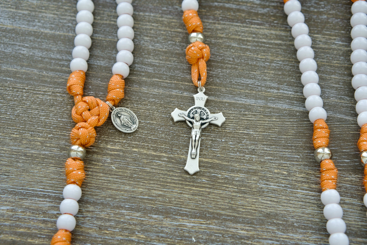 Holy Childhood Kids Paracord Rosary with Unbreakable Premium Paracord, Orange & Silver Design, White Hail Mary Beads, Silver Our Father Beads, 2-inch St. Benedict Crucifix, 0.75-inch Miraculous Medal, Made with Paracord 550 and Acrylic Beads, Perfect for Young Catholics to Strengthen Their Faith in Life's Battles