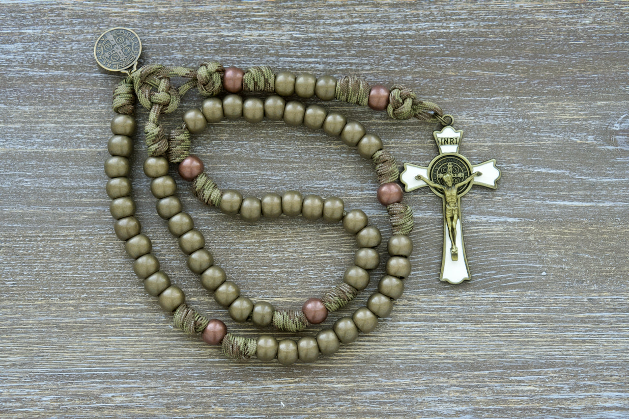 Holy Defense - 5 Decade Paracord Rosary by Sanctus Servo: Premium, durable camo paracord rosary with antique copper Our Father beads, olive green Hail Mary beads, olive St. Benedict medal, and white & olive enamel St. Benedict crucifix - the ultimate spiritual weapon for adult Catholics seeking a military-inspired devotion.