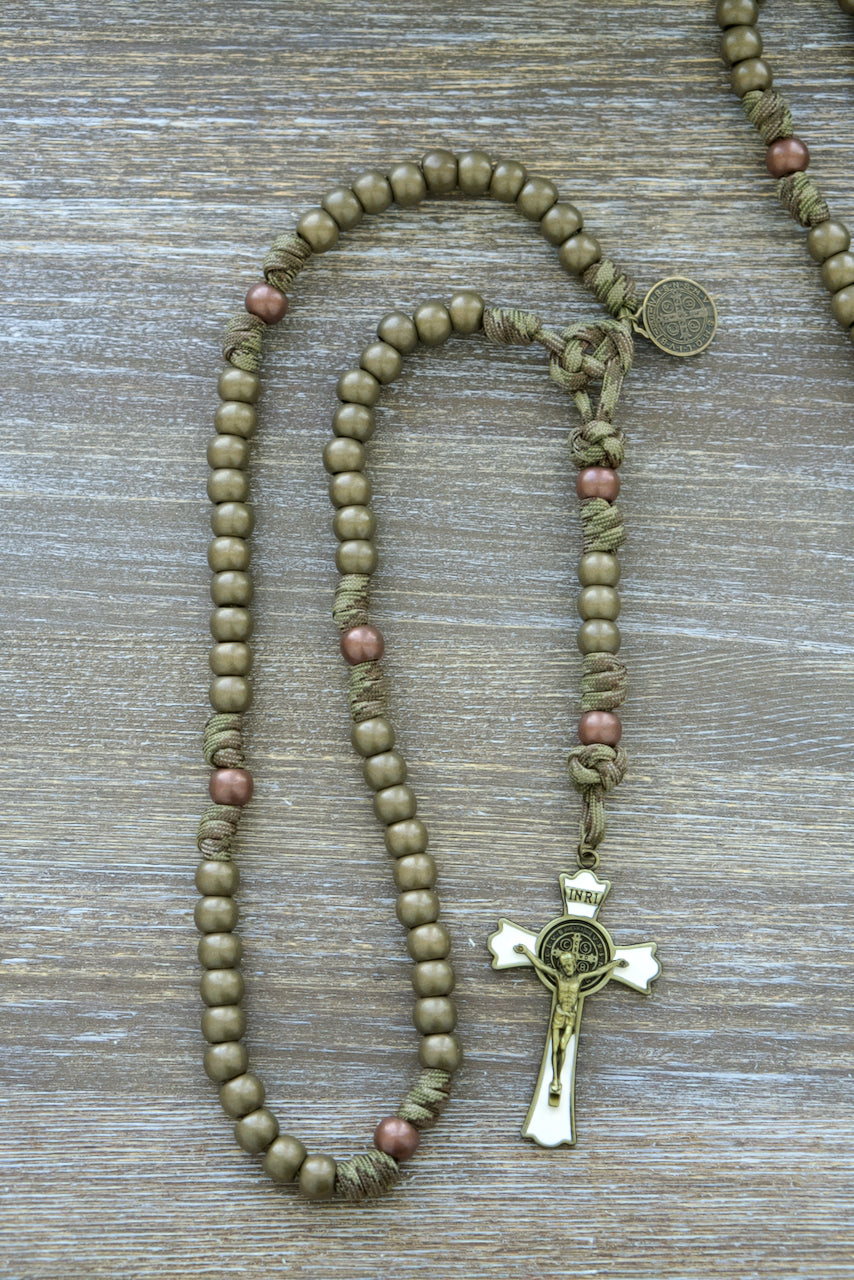 Holy Defense - 5 Decade Paracord Rosary: Unbreakable Catholic Gift with Durable Camo Paracord, Antique Copper Our Father Beads, Olive Green Hail Mary Beads, 1 Inch Olive St. Benedict Medal & Impressive 3 Inch White and Olive Enamel St. Benedict Crucifix