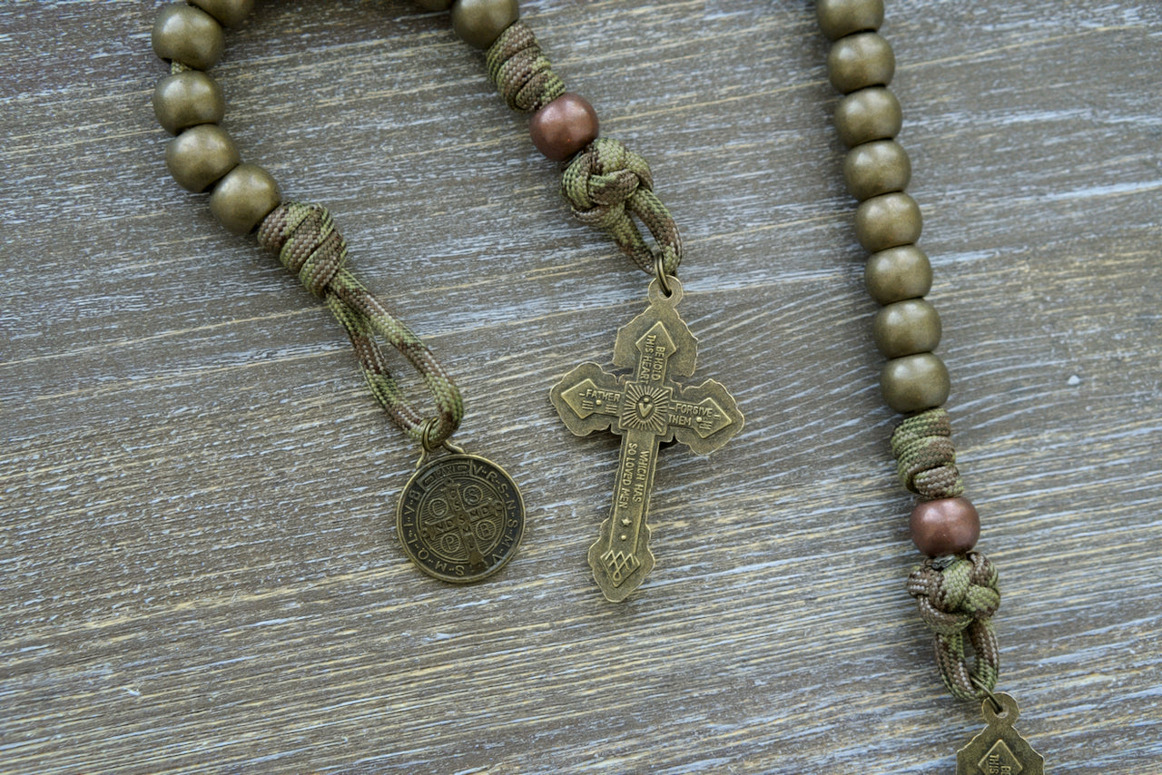 Military-inspired Holy Defense - Pocket Paracord Rosary with antique copper Our Father beads, olive green Hail Mary beads, olive St. Benedict medal, and 2-inch pardon crucifix for ultimate spiritual support on-the-go