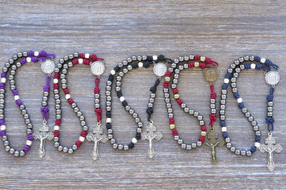 Handmade Holy Face Chaplet with paracord, metal beads, and "Illumina Domine Vultum Tuum Super Nos" centerpiece
