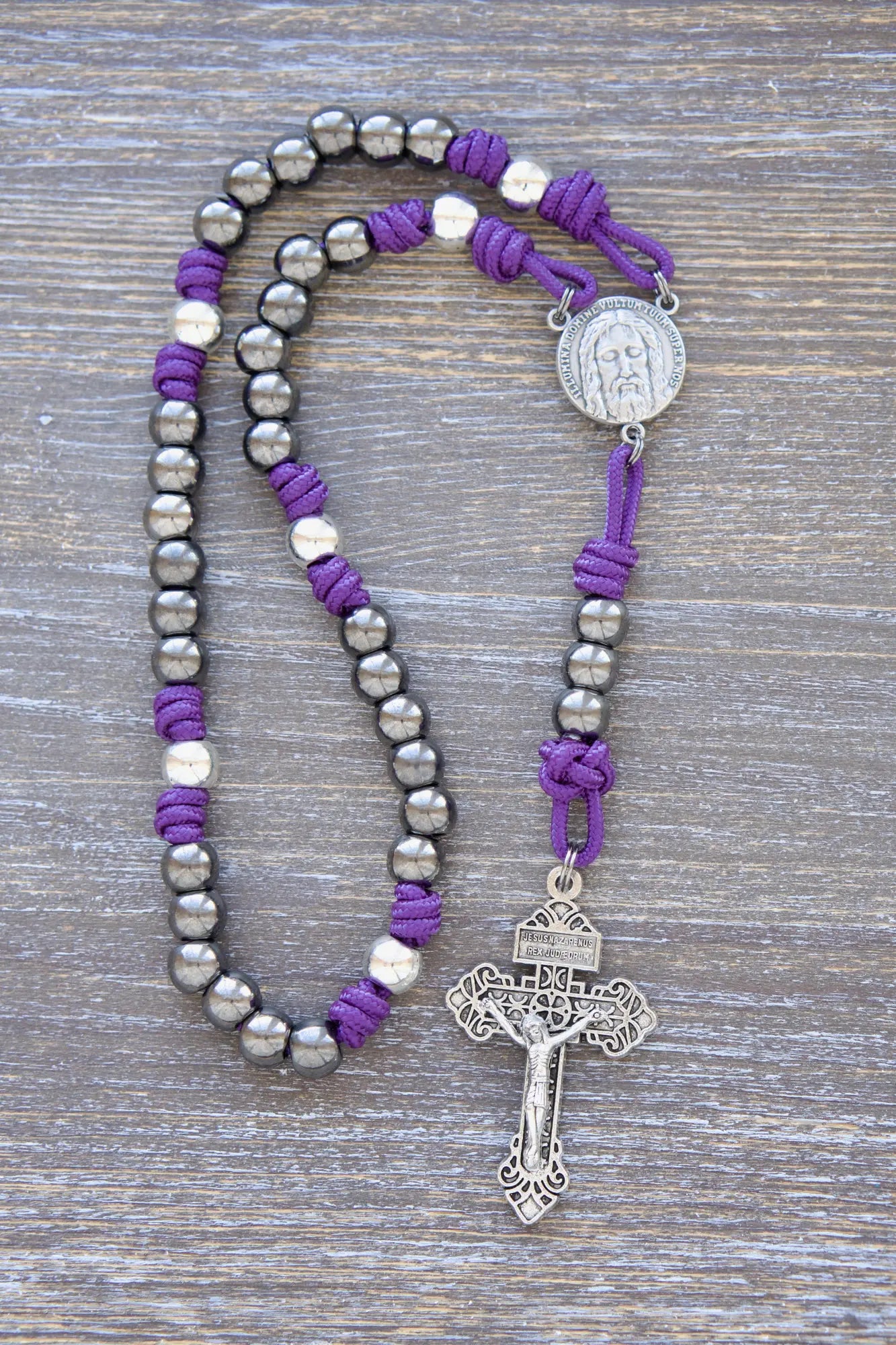 Holy Face Chaplet with paracord, metal beads, and "Illumina Domine Vultum Tuum Super Nos" centerpiece, royal purple rope option