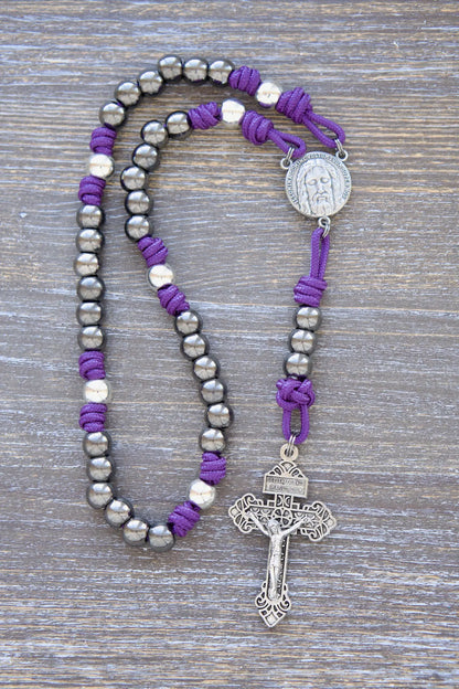 Holy Face Chaplet with paracord, metal beads, and "Illumina Domine Vultum Tuum Super Nos" centerpiece, royal purple rope option