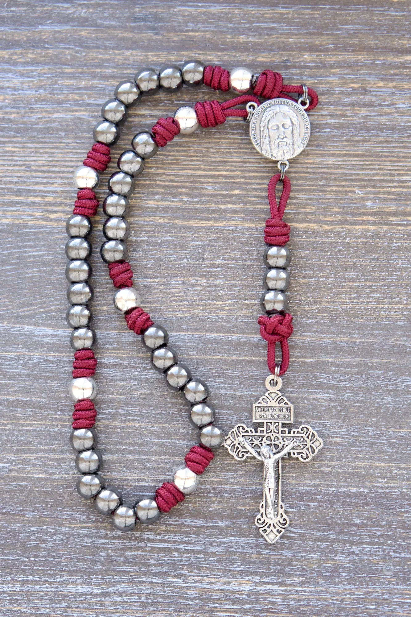 Holy Face Chaplet with paracord, metal beads, and "Illumina Domine Vultum Tuum Super Nos" centerpiece, 4 rope colors available