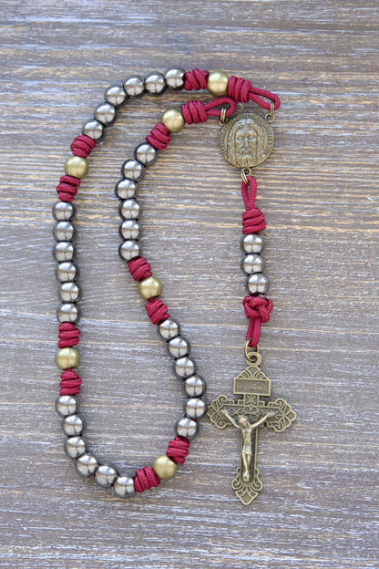 Holy Face Chaplet with paracord, metal beads, and "Illumina Domine Vultum Tuum Super Nos" centerpiece, crimson red and brass rope option