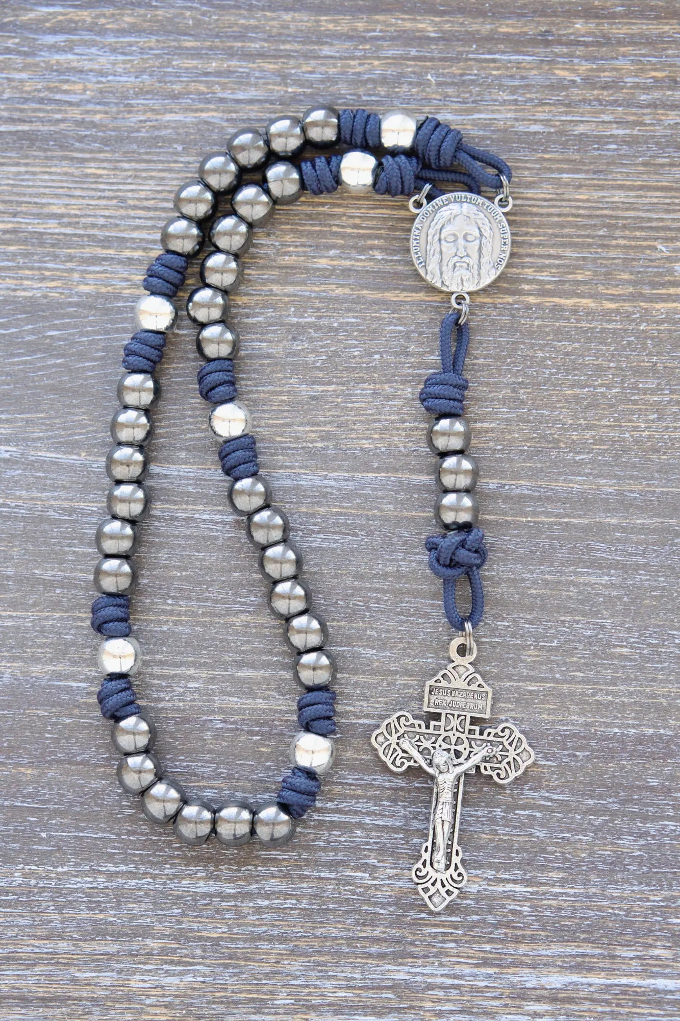 Holy Face Chaplet with paracord, metal beads, and "Illumina Domine Vultum Tuum Super Nos" centerpiece, Navy Blue Paracord Rope