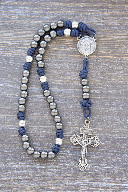 Holy Face Chaplet with paracord, metal beads, and "Illumina Domine Vultum Tuum Super Nos" centerpiece, Navy Blue Paracord Rope