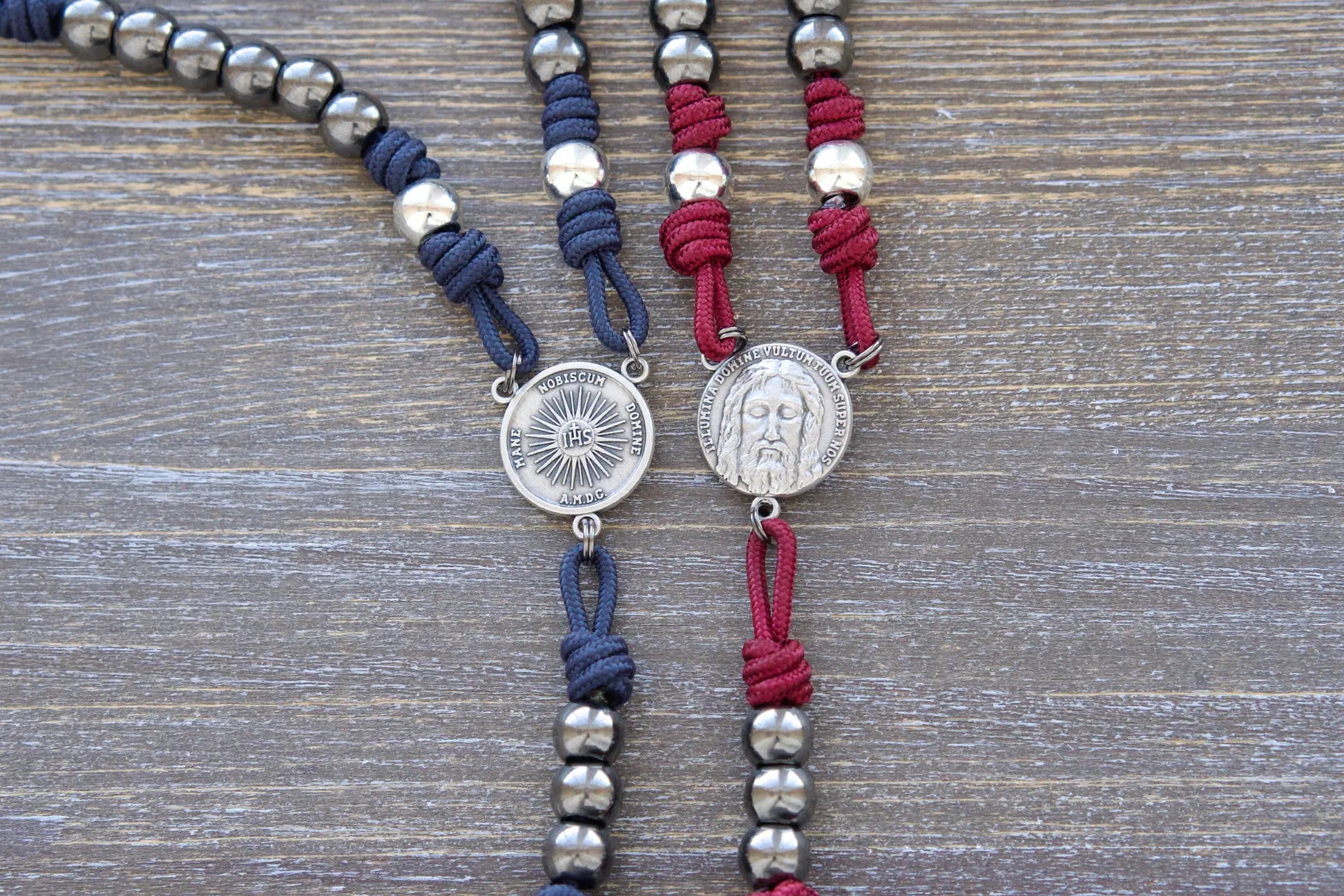 Holy Face Chaplet with paracord, metal beads, and "Illumina Domine Vultum Tuum Super Nos" centerpiece, navy blue rope option