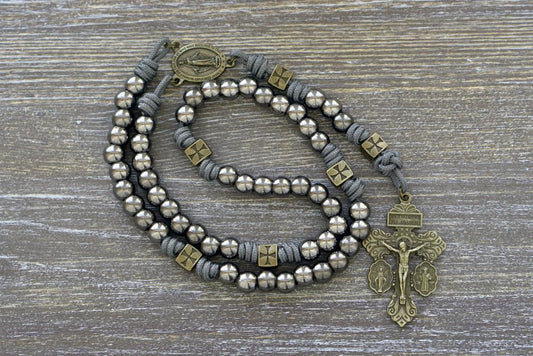 Iron Crusader Rosary - Premium Metal & Grey Paracord Rosary with Olive Metal Our Father Beads, Gunmetal Hail Mary Beads, Miraculous Medal Centerpiece & Triple Threat Pardon Crucifix.