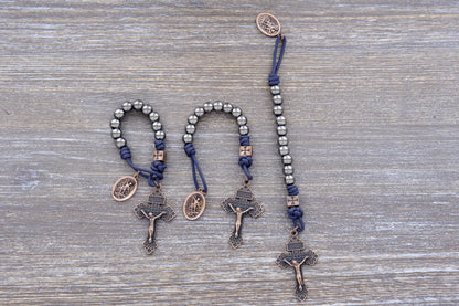 Iron Legion Premium Metal Paracord Rosary with copper crucifix and medal, navy or black rope, durable alloy beads.