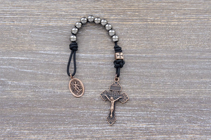 Iron Legion Premium Metal Paracord Rosary with copper crucifix and medal in navy or black rope.