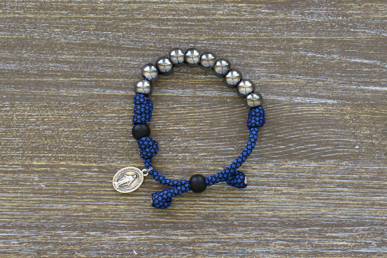 Blue and Gunmetal Kids Rosary Bracelet, durable paracord rosary for young Catholics with navy blue and black paracord, 10mm gunmetal beads, Our Father black bead, Miraculous Medal.