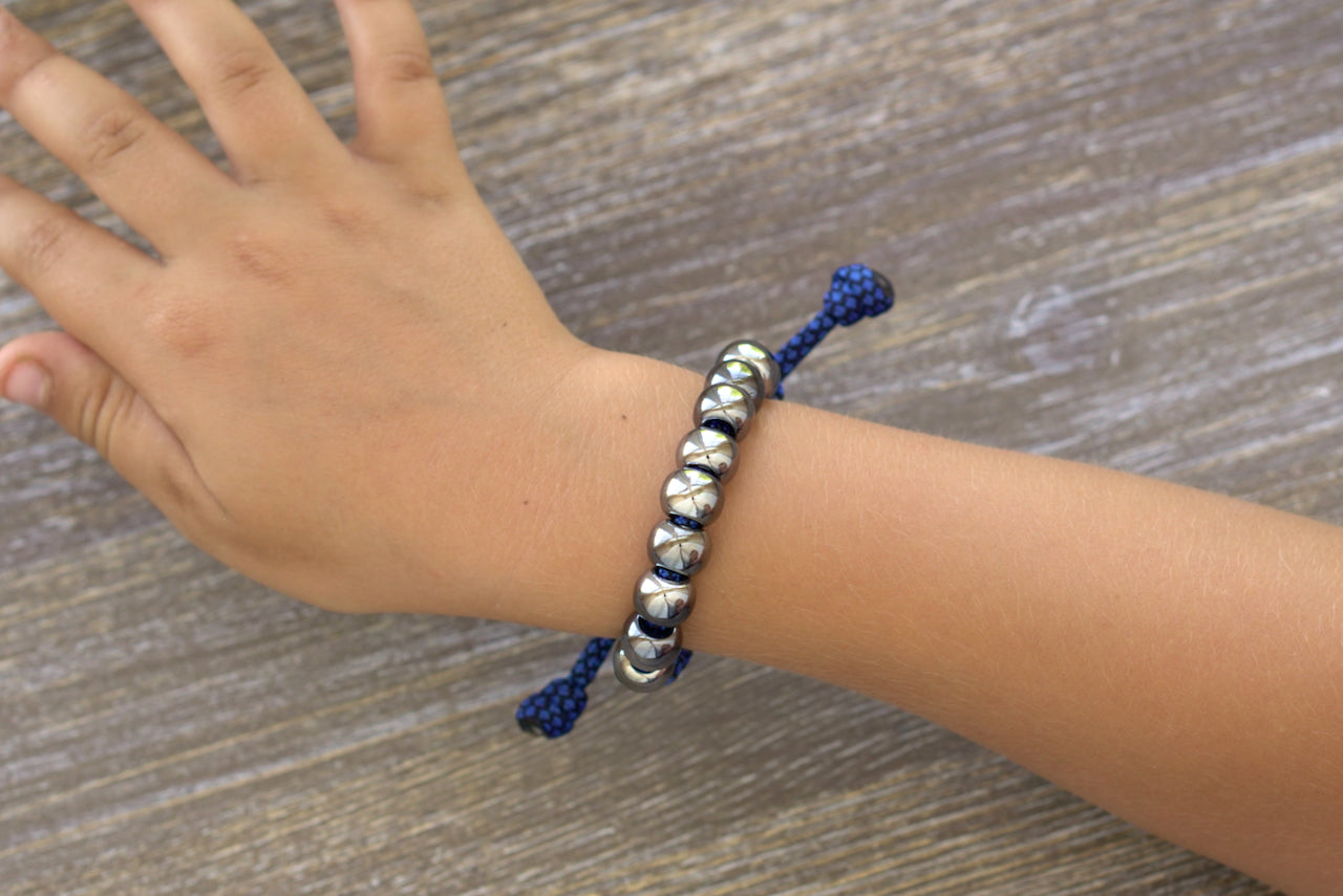 Blue and Gunmetal Kid's Rosary Bracelet, navy blue and black paracord, 10mm gunmetal beads for Hail Mary prayers, Our Father bead, small Miraculous Medal.