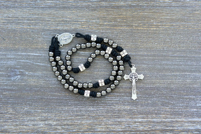 Last Stand Rosary: Gunmetal & silver beads, black paracord, St. Benedict crucifix, and Miraculous Medal centerpiece.