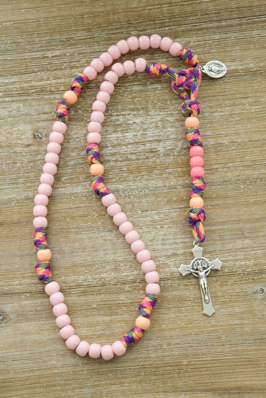 Little Lady's Miracle - Kid's Pink Camo 5 Decade Paracord Rosary with Miraculous Medal and St. Benedict Crucifix, perfect for teaching children the power of prayer while incorporating fun and durability