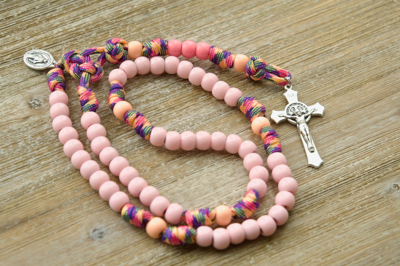 Pink Camo Little Lady's Miracle Rosary - Durable and Unbreakable Paracord Kids' 5 Decade Rosary with Miraculous Medal and St. Benedict Crucifix